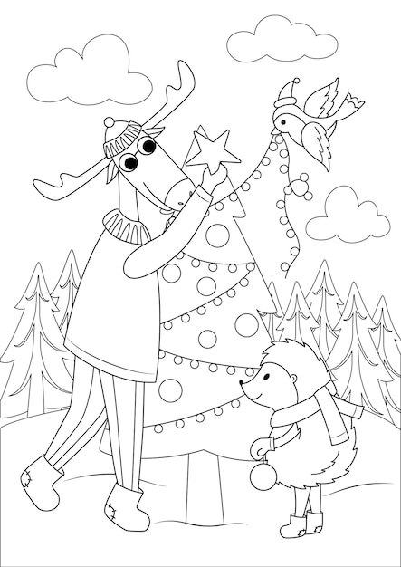Malbuch für kinder. tiere schmücken den weihnachtsbaum. kontur neujahrszeichnung