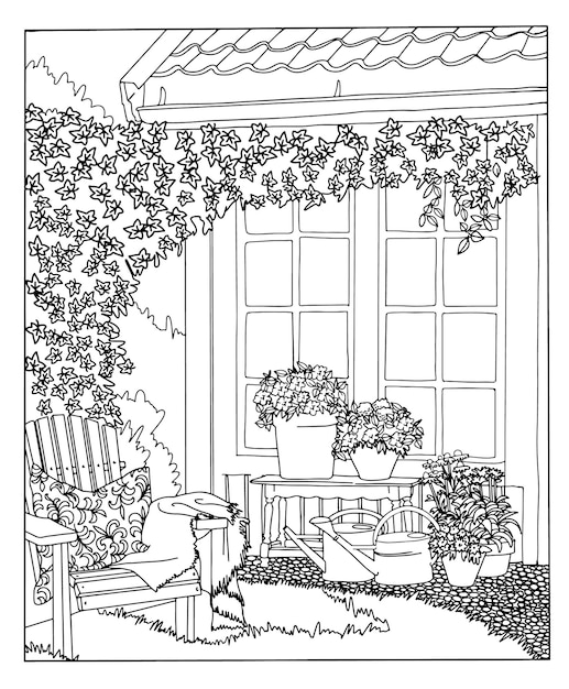 Malbuch Illustration zum Ausmalen mit Gartenblumen Kunstlinie Kunsttherapie Schwarz-Weiß-Vektorhintergrund