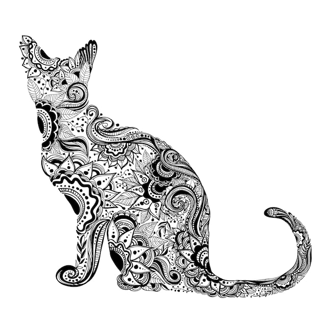 Malbuch katze für erwachsene. handgezeichnetes künstlerisch ethnisches ornament mit gemusterter illustration.