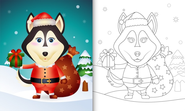 Malbuch mit einem niedlichen husky-hund mit santa-klausel-kostüm