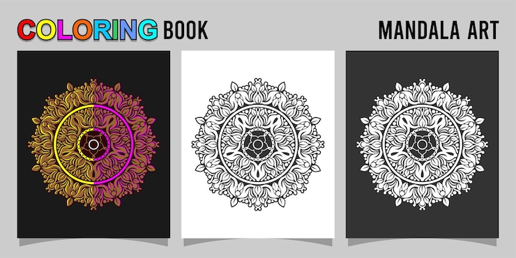 Vektor malbuch mit mandala-form, isoliert auf weißem und schwarzem hintergrund, begleitet von farbigen konturen