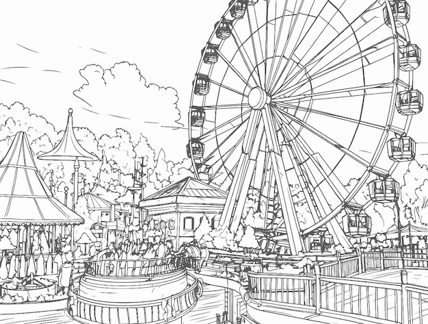 Malbuch „vergnügungspark mit riesenrad“ für kinder, leicht zu zeichnen und sauber