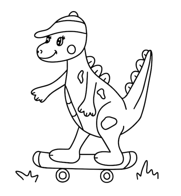 Malbuchseite mit Dinosaurier auf Skateboard