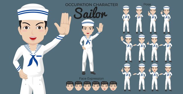 Male sailor character set mit verschiedenen pose- und gesichtsausdrücken