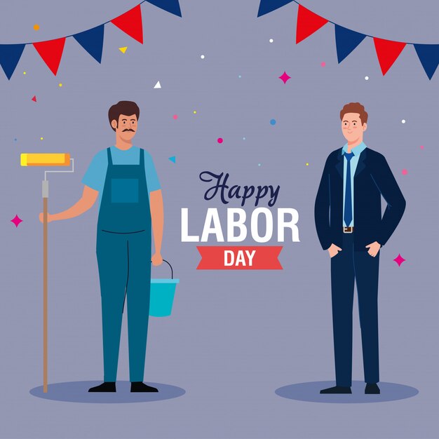 Maler mann und geschäftsmann mit happy labour day nachricht