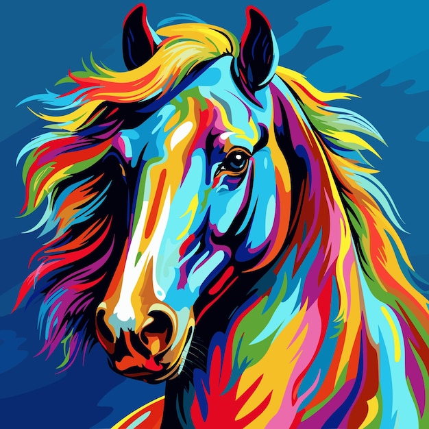 Malerei eines Pferdes mit mehrfarbigen Haaren auf blauem Hintergrund