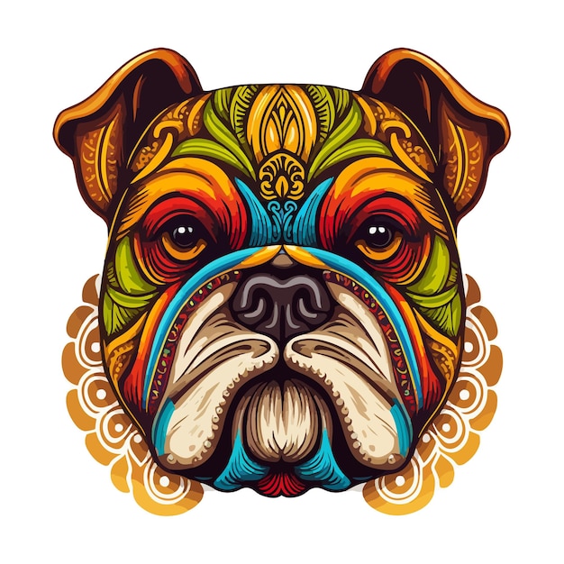 Malerisches Porträt einer niedlichen Bulldogge mit kunstvollen Mustern. Bunte Vektorillustration