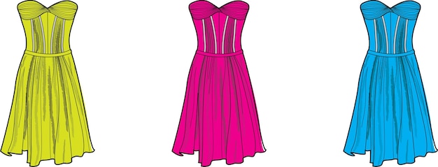 Malerisches strapless Kleid Flachskizze Technische Zeichnung Vektorillustration Vorlage
