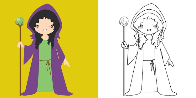 Malvorlage: Ein Märchen aus dem mittelalterlichen Königreich in Schwarz und Weiß mit einer bösen Hexe in einem Mantel, die einen Zauberstab hält