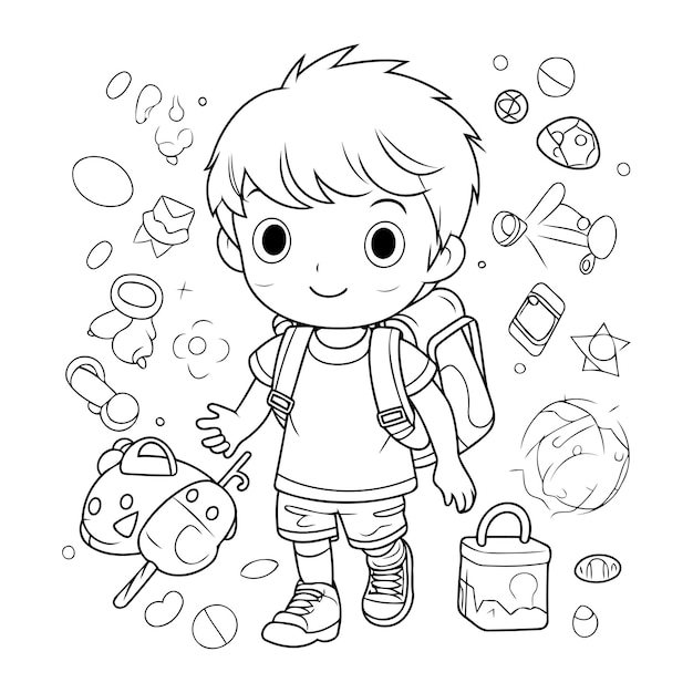Malvorlage eines niedlichen kleinen Jungen mit Rucksack