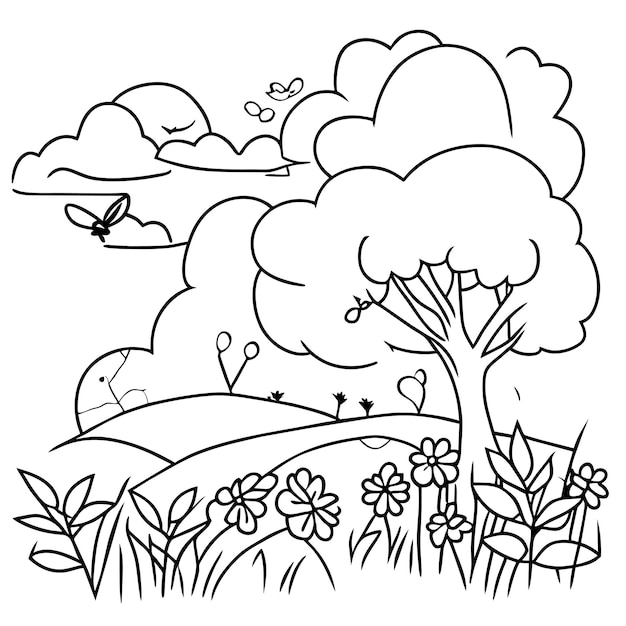 Vektor malvorlage landschaft naturszenen mit sonnenwolken oder wiesenlandschaftsszene mit vielen blühenden bäumen