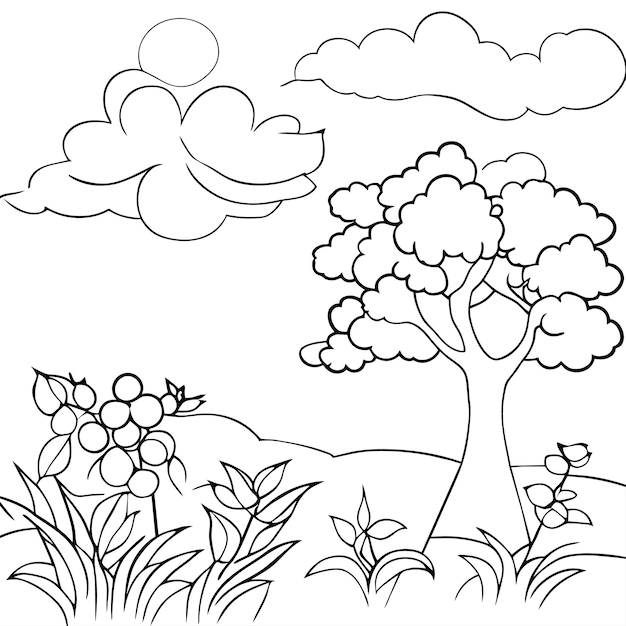 Malvorlage Landschaft Naturszenen mit Sonnenwolken oder Wiesenlandschaftsszene mit vielen blühenden Bäumen