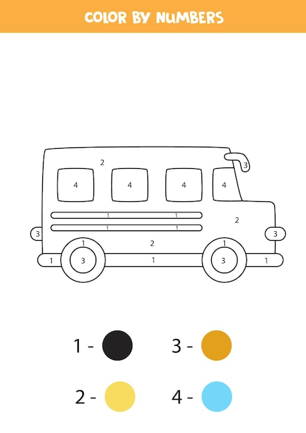 Malvorlage mit cartoon-schulbus. farbe nach zahlen. mathe-spiel für kinder.