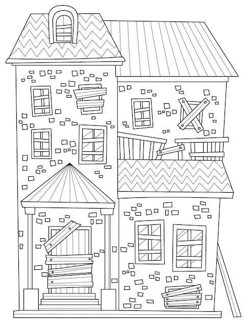 Malvorlage mit großem alten haus aus steinen mit genagelten brettern über tür und fensterblatt, das mit riesigem gebäude aus steinen gefärbt werden soll verlassenes zuhause