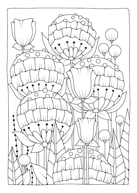 Malvorlage mit großen runden blumen. kunsttherapie. schwarz-weiß-hintergrund zum ausmalen. kunstrichtung.