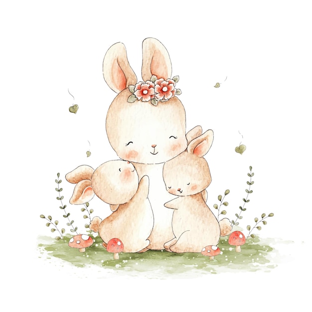 Mama Kaninchen und ihre Hasen Aquarellillustration