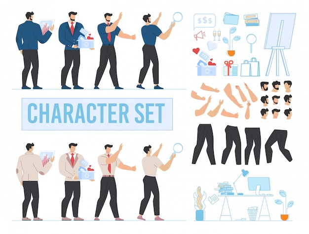 Man Character Animated, Office und Zubehör Set