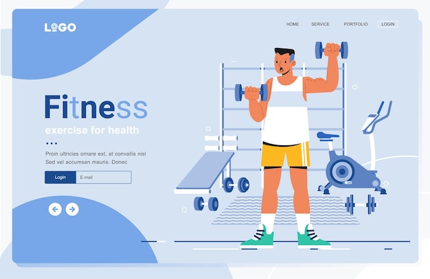 Man Fitness Training im Fitnessstudio Landing Page Template Charaktere, die mit professioneller Ausrüstung trainieren und mit Gewicht trainieren, gesunde Sportaktivität