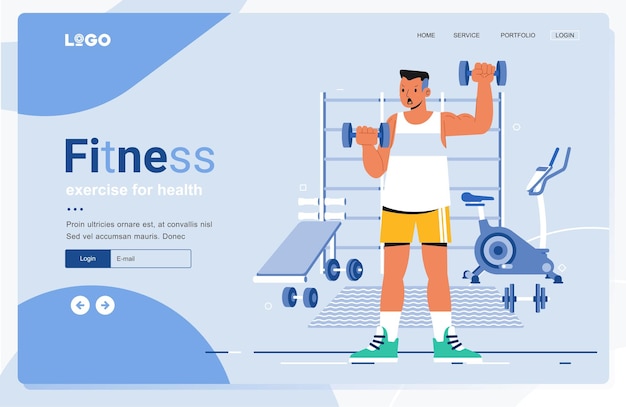 Vektor man fitness training im fitnessstudio landing page template charaktere, die mit professioneller ausrüstung trainieren und mit gewicht trainieren, gesunde sportaktivität