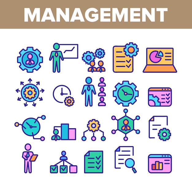 Management collection elements icons set