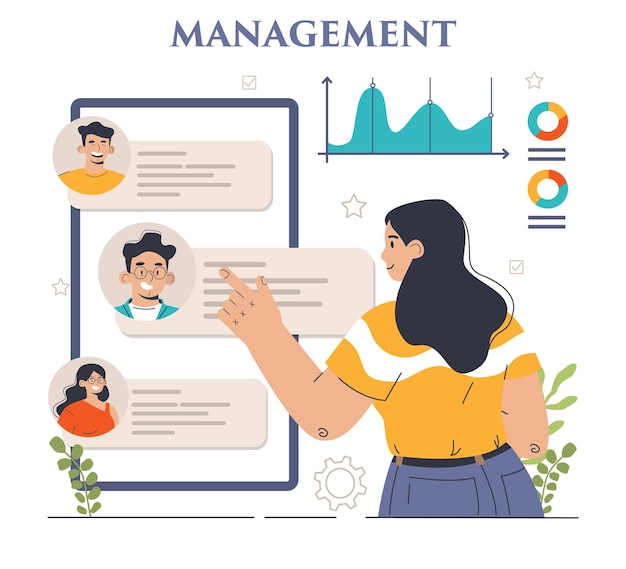 Management Erfolgreiche Strategieentwicklung und Geschäftsplanung Motivation und Führung Projektmanager-Firmen-CEO-Idee Flache Vektorillustration