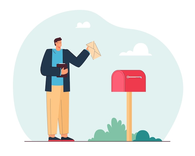 Vektor manager, der briefe über die mailbox empfängt oder sendet. mann, der flache vektorillustration des umschlags hält. mail, newsletter, kommunikation, korrespondenzkonzept für banner, website-design oder landing page