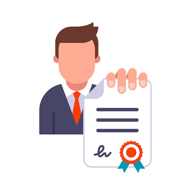 Manager in Anzug hält ein Dokument in der Hand. einen unterschriebenen und versiegelten Vertrag vorlegen. flache Illustration lokalisiert auf weißem Hintergrund.