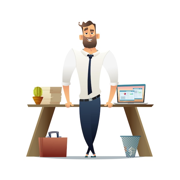 Manager oder Geschäftsmann, der in der Nähe seines Arbeitsplatzes steht Cartoon Character Design Schreibtisch mit Laptop