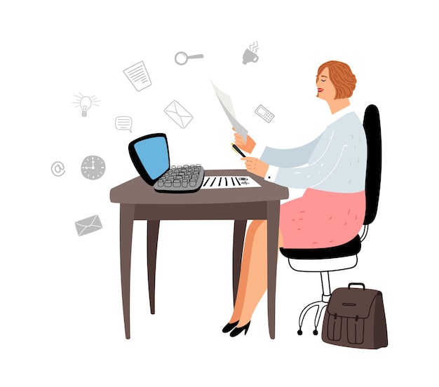 Managerin bei der Arbeit. Sozialarbeiter Charakter. Karikaturfrau arbeitet mit Dokumentenvektorillustration