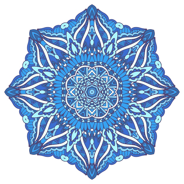 Mandala-Arabeskenillustration mit stilisierter Schneeflocke. Blauer Winterhintergrund
