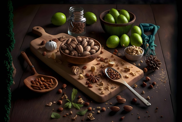 Vektor mandeln, pistazien, nüsse und limetten auf einem schneidebrett aus küchenholz