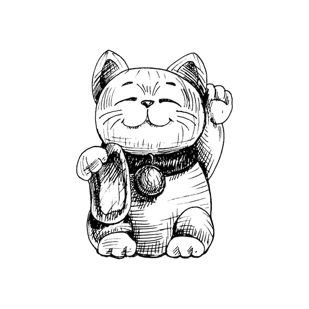 Maneki neko. japan-glückskatze mit erhobener pfote. vintage-vektor-schraffur