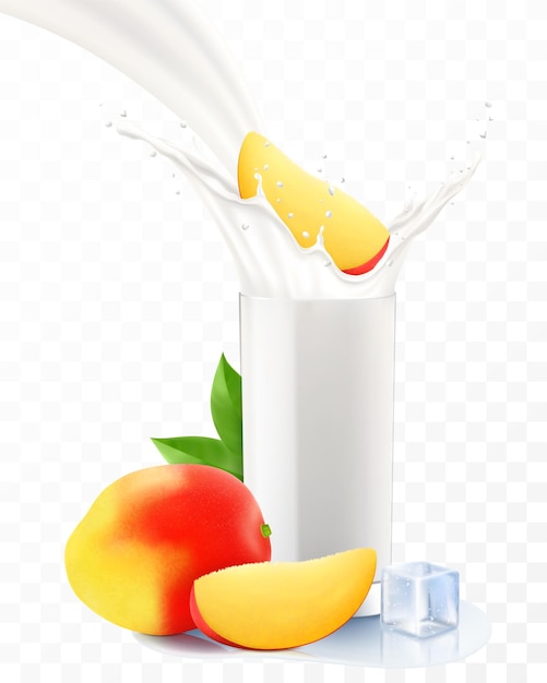 Mango fällt in ein glas milch oder joghurt. süße milch spritzt. fruchtmilchshake-werbebanner. joghurtstrahl fliegende tropfen. weißes getränk in glasbecher. realistische 3d-vektordarstellung isoliert