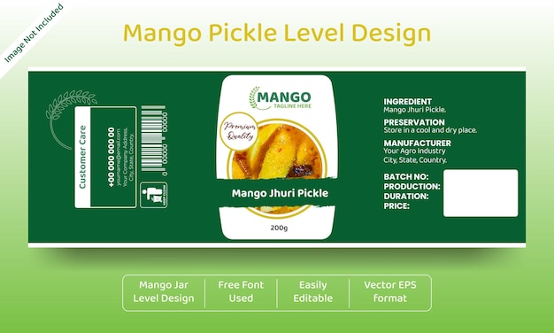Mango-Pickle-Niveau-Design-Vorlage auf frischem grünen Farbvektor für Bio-Lebensmittel-Marken-Fruchtartikel