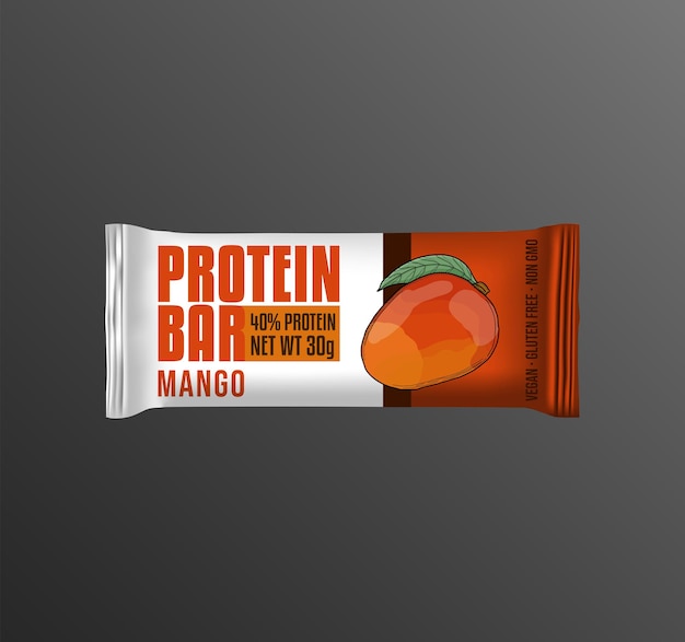 Vektor mango protein riegel label design handgezeichnete frucht illustration