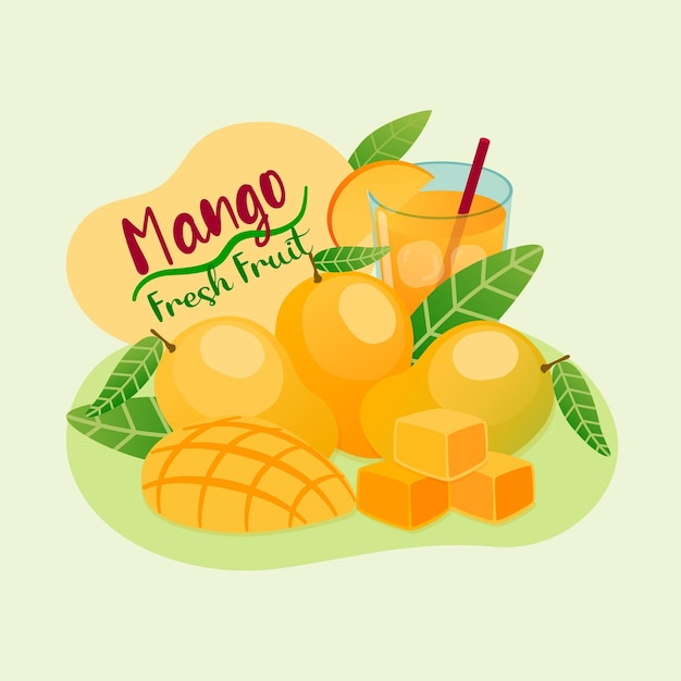 Mangos und Mangoscheiben und Mangosaft Leckere und köstliche Vektorillustration