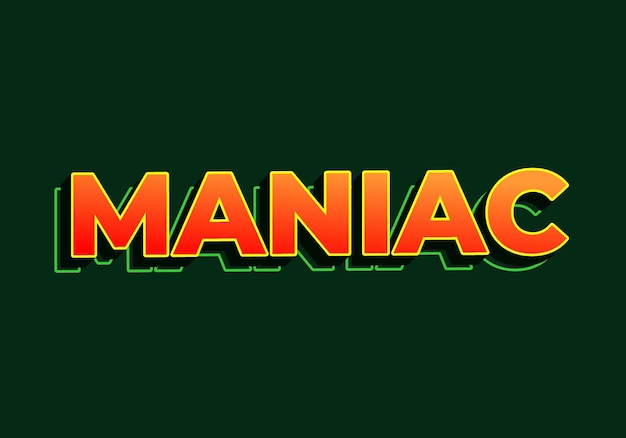Maniac-Texteffekt im 3D-Look, rot-gelbe Farbe, dunkelgrüner Hintergrund