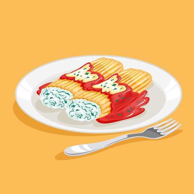 Manicotti pasta. italienisches traditionelles essen, leckere makkaroni auf dem teller. illustration im cartoon-stil