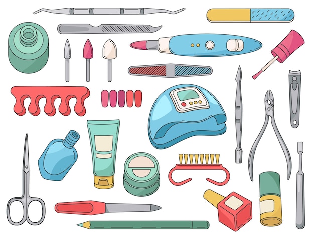 Maniküre-Tools. Salonzubehör und Ausrüstung für die Nagelpflege. Polnische Flasche und Pinsel, Handcreme, Datei, Schere und Clipper-Vektor-Set. UV-Lampe und Lotion isoliert auf weiß