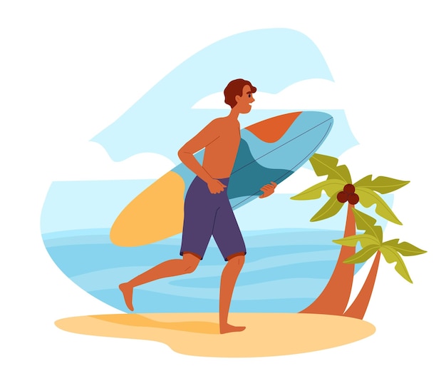 Mann am Strand mit Surfbrett, junger Surfer im Urlaub in tropischen und exotischen Ländern