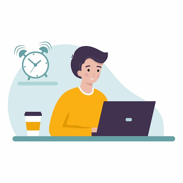 Mann arbeitet am Computer. Freiberuflicher Programmierer und Deadline. Designer verspätet mit Ausführungsauftrag. Online-Bildung im Internet.
