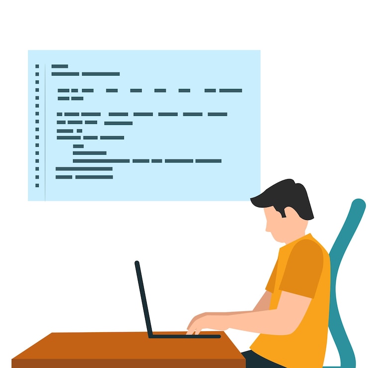 Vektor mann arbeitet an einem laptop vektor-illustration im flachen stil auf weißem hintergrund