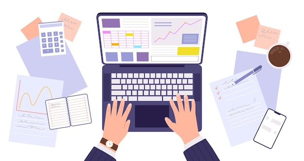 Mann arbeitet an einem Laptop, verbindet sich mit Finanzen, Handel, Online-Marketing-Charts, Büro-Arbeitsprozess, Geschäftsmann und Computer, gemütliche Vektor-Szene