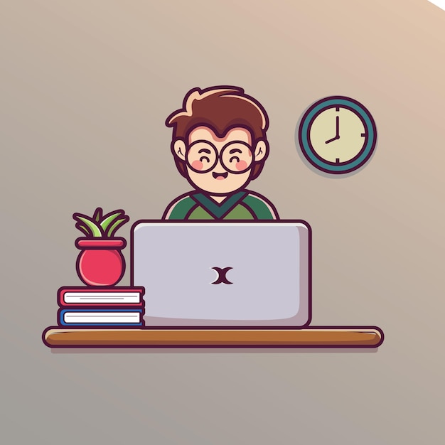 Mann arbeitet an Laptop-Cartoon-Ilustration