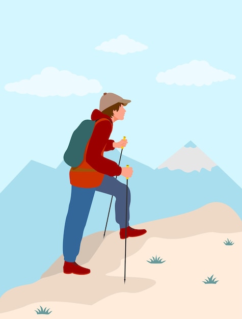 Mann backpacker klettert hoch auf einer bergwanderung reisender mit rucksack klettert den berg