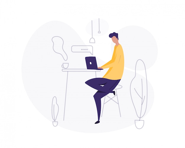 Mann benutzen Laptop. Zuhause arbeiten. Freiberufler. junger Mann, Studentenillustration.