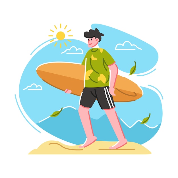 Mann bereit, Surfen am Strand zu spielen