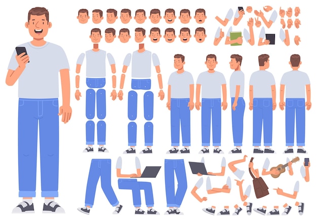 Mann Charakter Konstruktor Satz Positionen Ansichten Körper Beine Emotionen für Animation _ai_generated