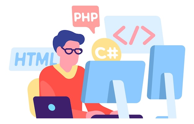 Mann-Codierung am Computer. Webentwicklungsingenieur, der mit Programmiersprachen arbeitet. Vektorillustration