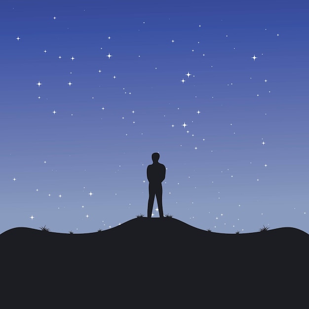 Vektor mann, der allein auf hügel bei nacht steht, vektorgrafik-hintergrunddesign